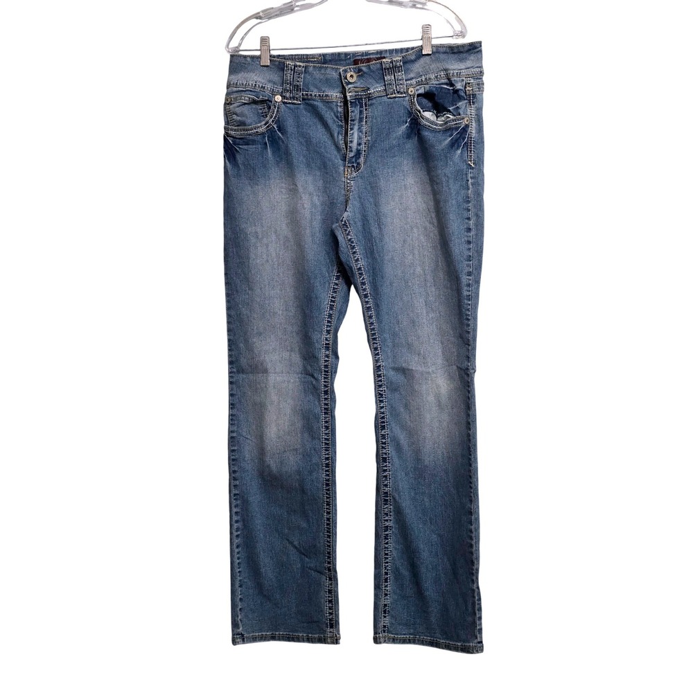 Angels Womens Medium Wash Bootcut Jeans Double Button Embroidered Pockets Y2K 14